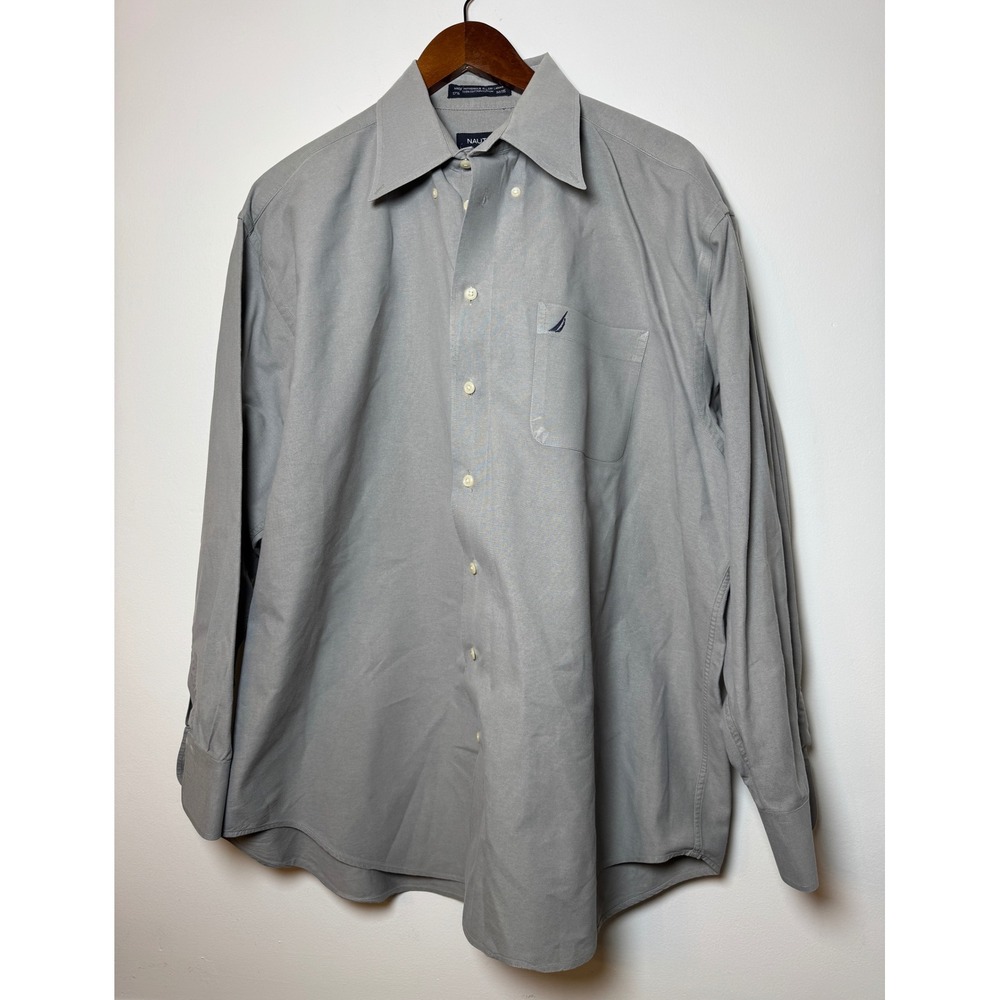 Nautica Mens Vintage Oxford Shirt Gray Long Sleeve Button Down 17.5 34/35 Cotton